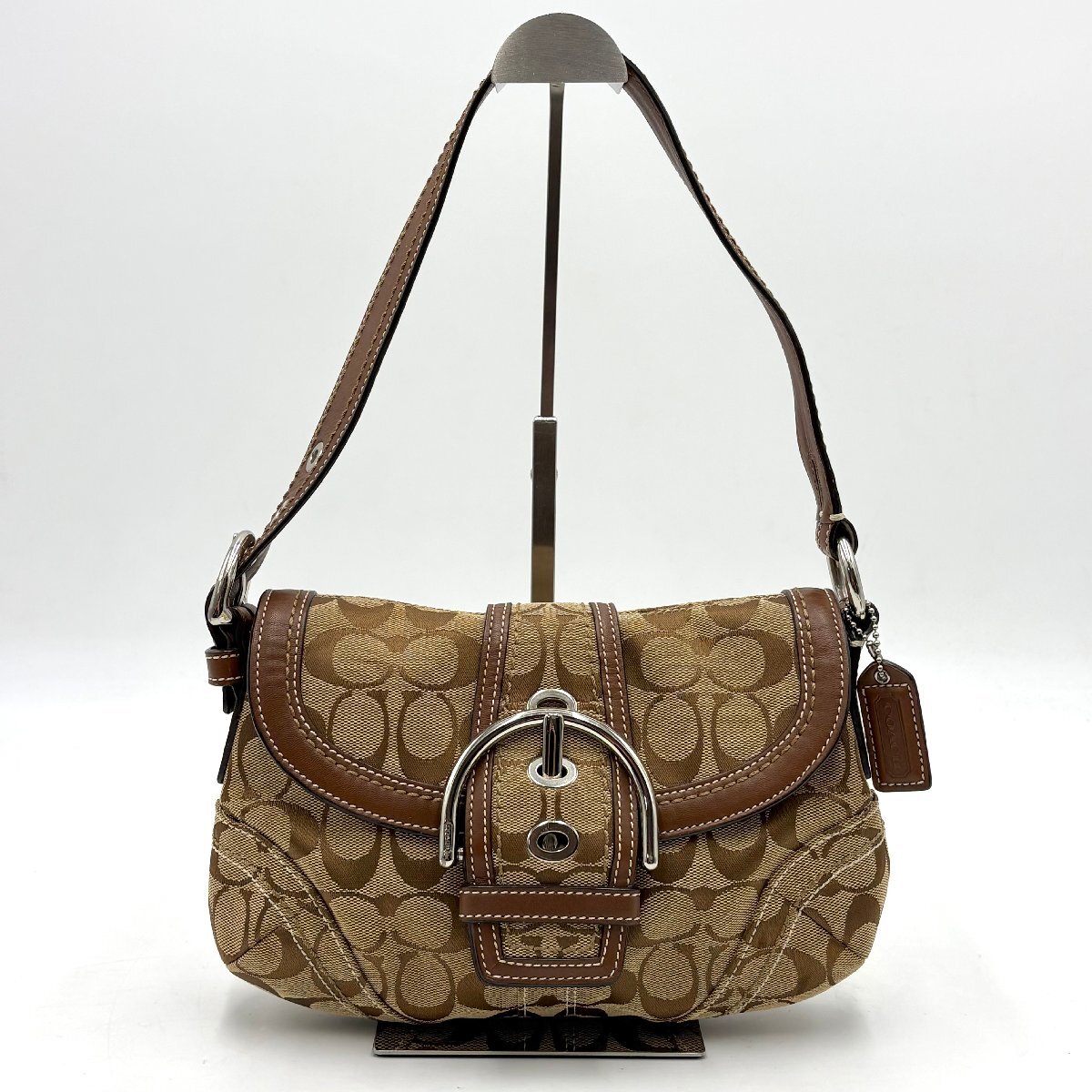 1円/極美品◎COACH コーチ ソーホー シグネチャー アクセサリーポーチ ショルダーバッグ キャンバス×レザー ブラウン 茶色 10296