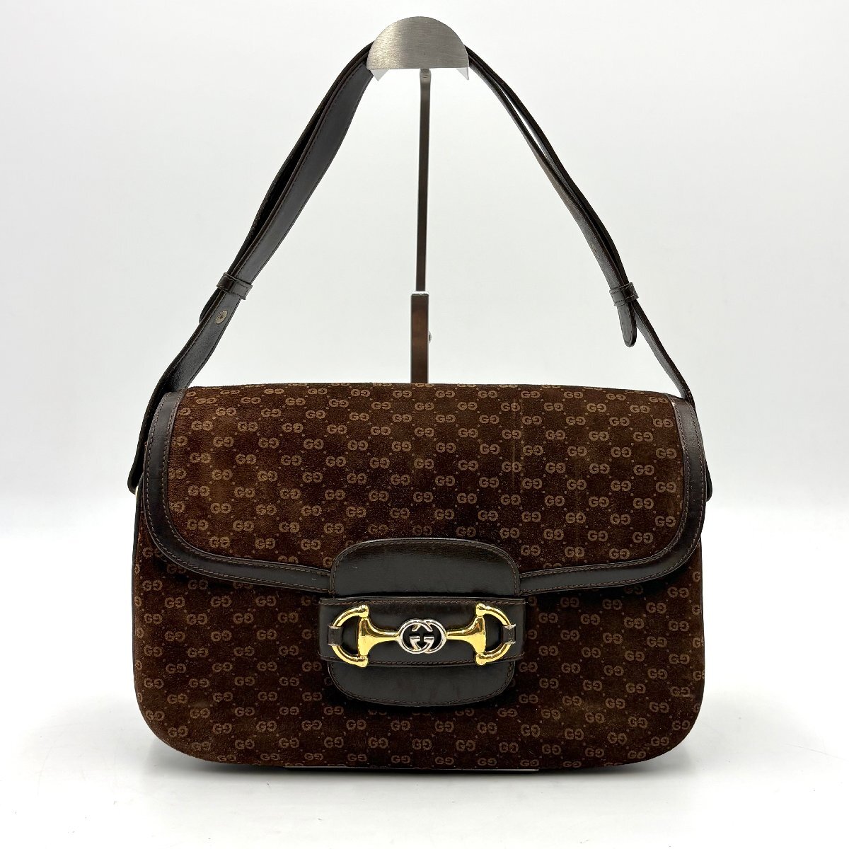 1円/極美品◎GUCCI グッチ ホースビット GG柄 ゴールド金具 2way ショルダーバッグ ハンドバッグ スエード×レザー ブラウン