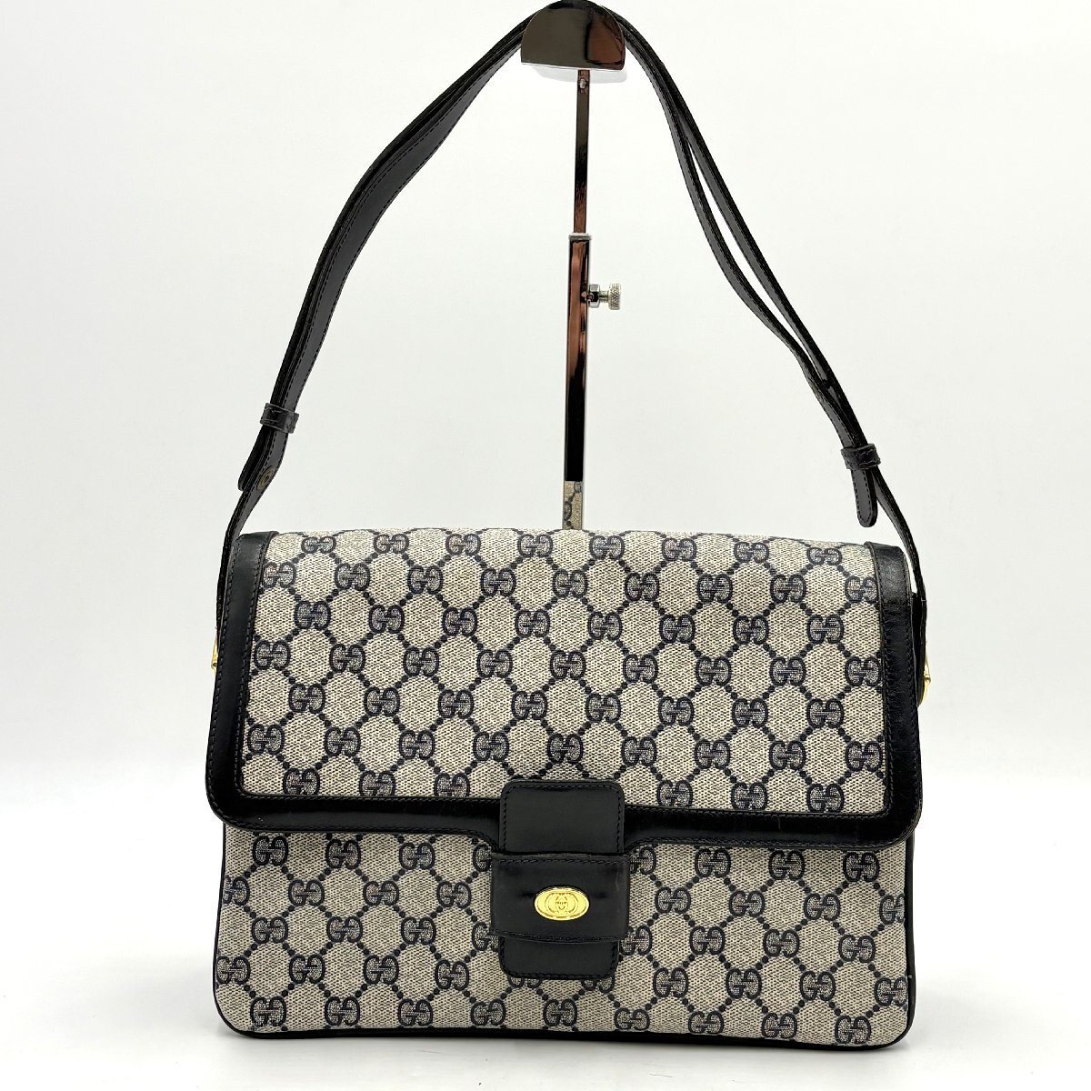 1円/外観美品◎GUCCI グッチ インターロッキング金具 GGスプリーム 2way ショルダーバッグ ハンドバッグ ネイビー PVC×レザー レディース