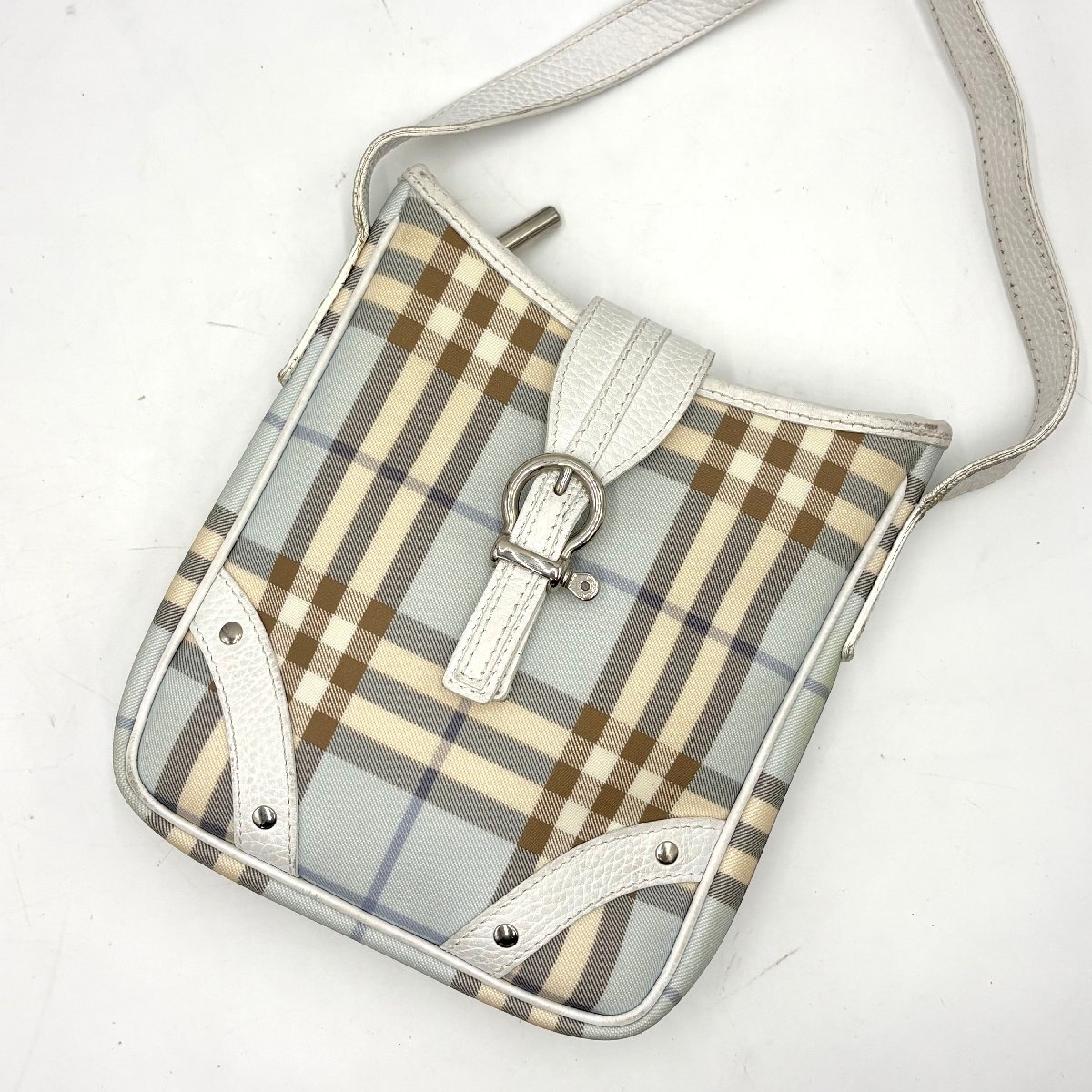 1円/美品◎BURBERRY バーバリー ロンドンチェック SV金具 ショルダーバッグ ポシェット PVC×レザー ブルー系