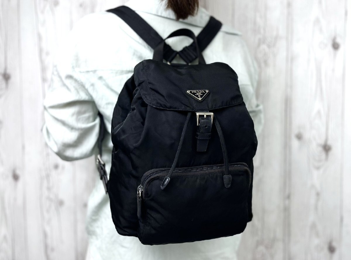 極美品 PRADA プラダ テスート ナイロンリュック リュックサック バッグ ナイロン×レザー 黒 100125Y