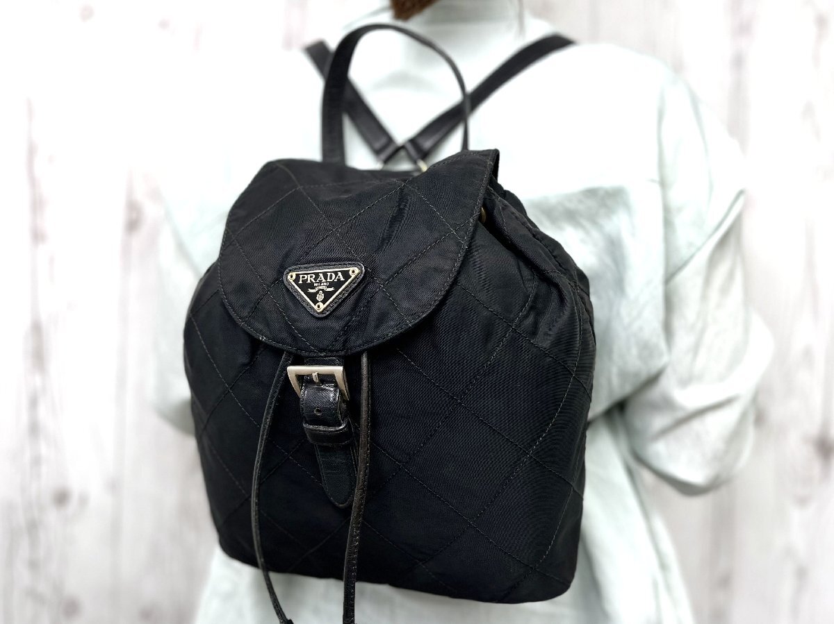 美品 PRADA プラダ テスート ヴィンテージ キルティング ナイロンリュック リュックサック バッグ ナイロン×サフィアーノレザー黒 100121Y