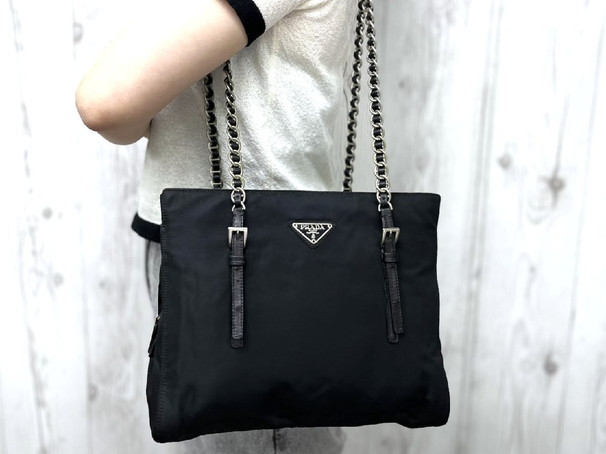 美品 PRADA プラダ テスート チェーンショルダー ショルダーバッグ バッグ ナイロン×レザー 黒 100513