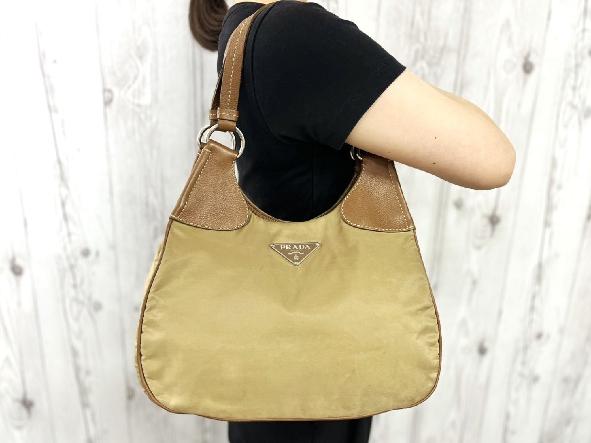 PRADA プラダ テスート ハンドバッグ ショルダーバッグ バッグ ナイロン×レザー ベージュ×茶 100432Y