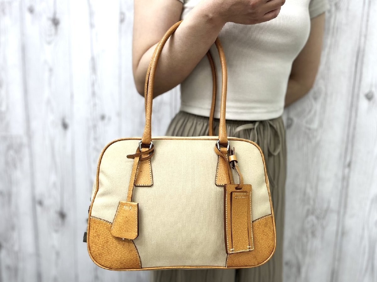 美品 PRADA プラダ 鍵カデナ付 ハンドバッグ ショルダーバッグ バッグ キャンバス×レザー ナチュラル×山吹色 100313
