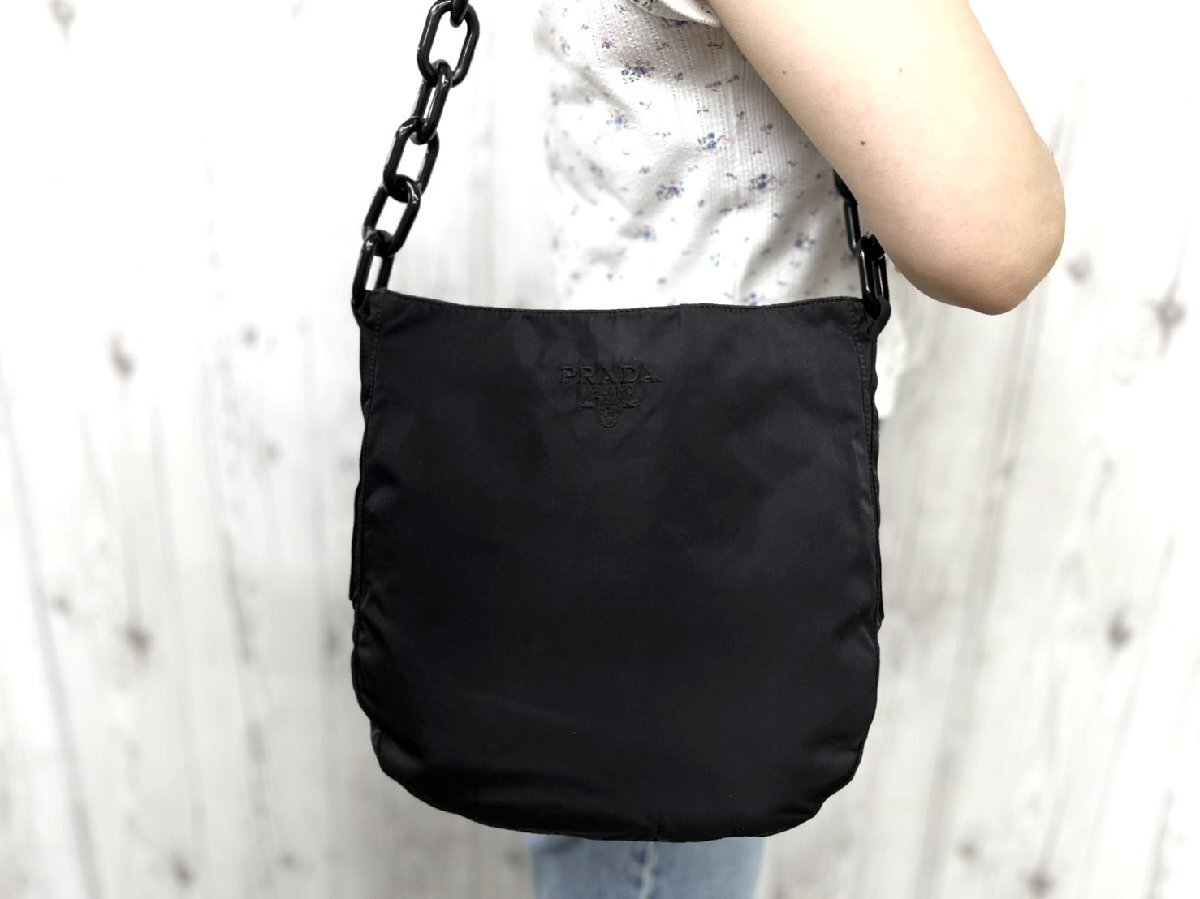 極美品 PRADA プラダ テスート プラチェーン ショルダーバッグ バッグ ナイロン 黒 100174Y