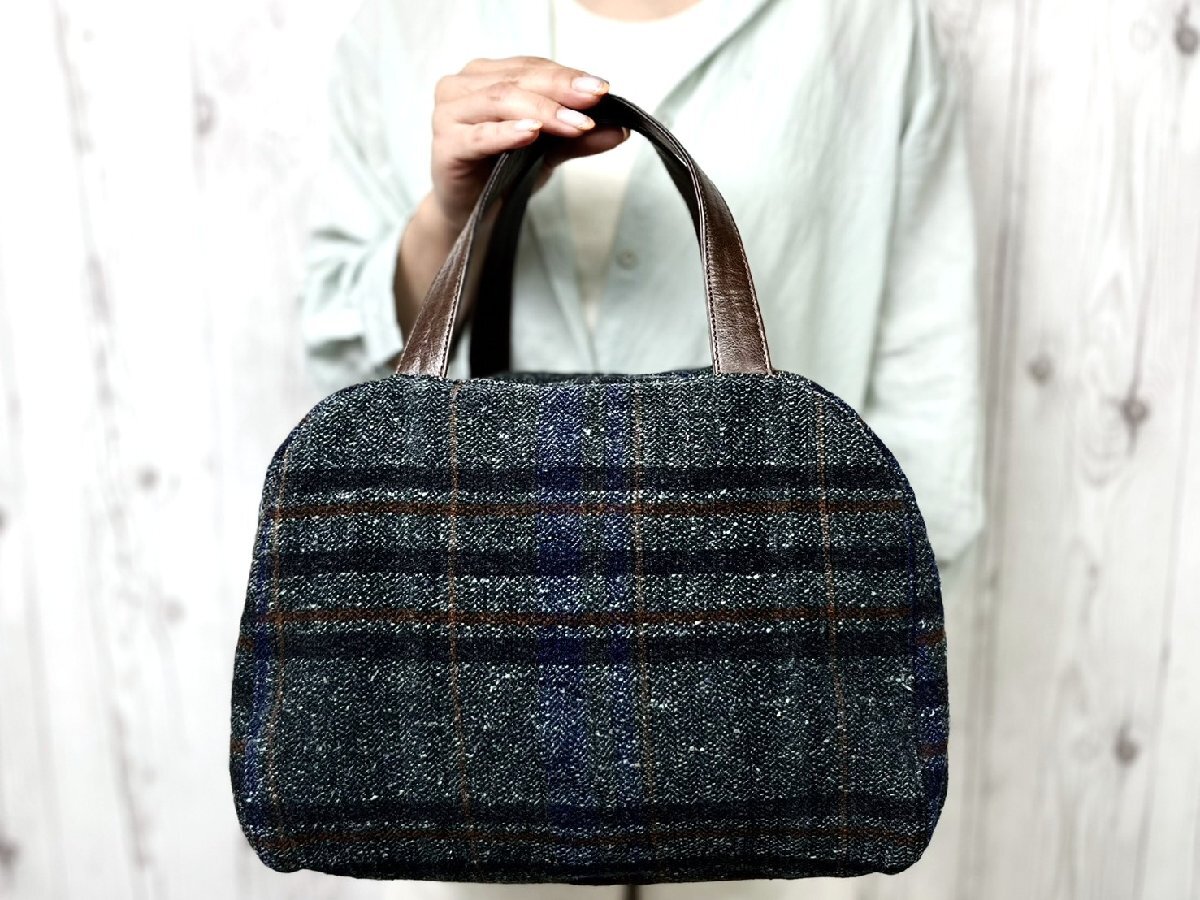 極美品 MARNI マルニ ハンドバッグ バッグ ツイード×レザー 青緑系チェック柄×茶 100142Y
