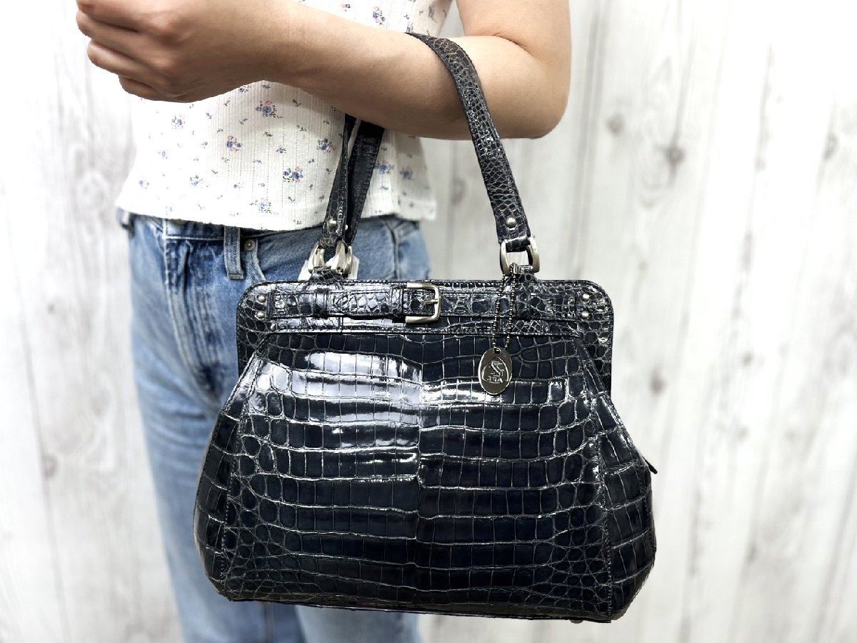 極美品 sanpo サンポー 艶 クロコダイル JRA ハンドバッグ バッグ 紺 100156Y