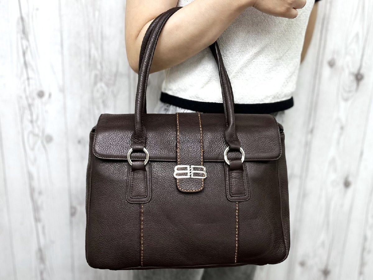 極美品 BALENCIAGA バレンシアガ BBロゴ トートバッグ ハンドバッグ バッグ レザー 茶 A4収納可 100507