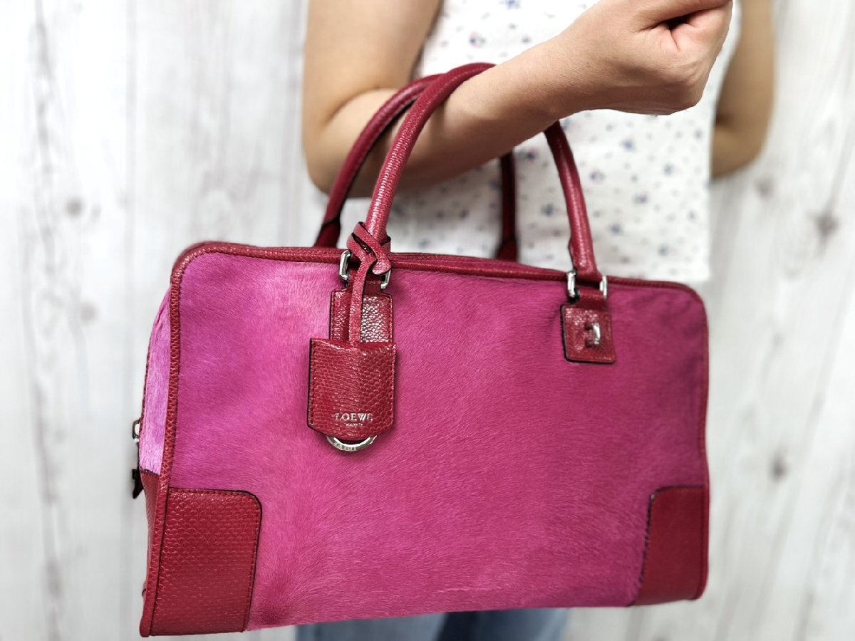 LOEWE ロエベ アマソナ36 トートバッグ ハンドバッグ バッグ ハラコ×リザード ピンク×赤 100120Y