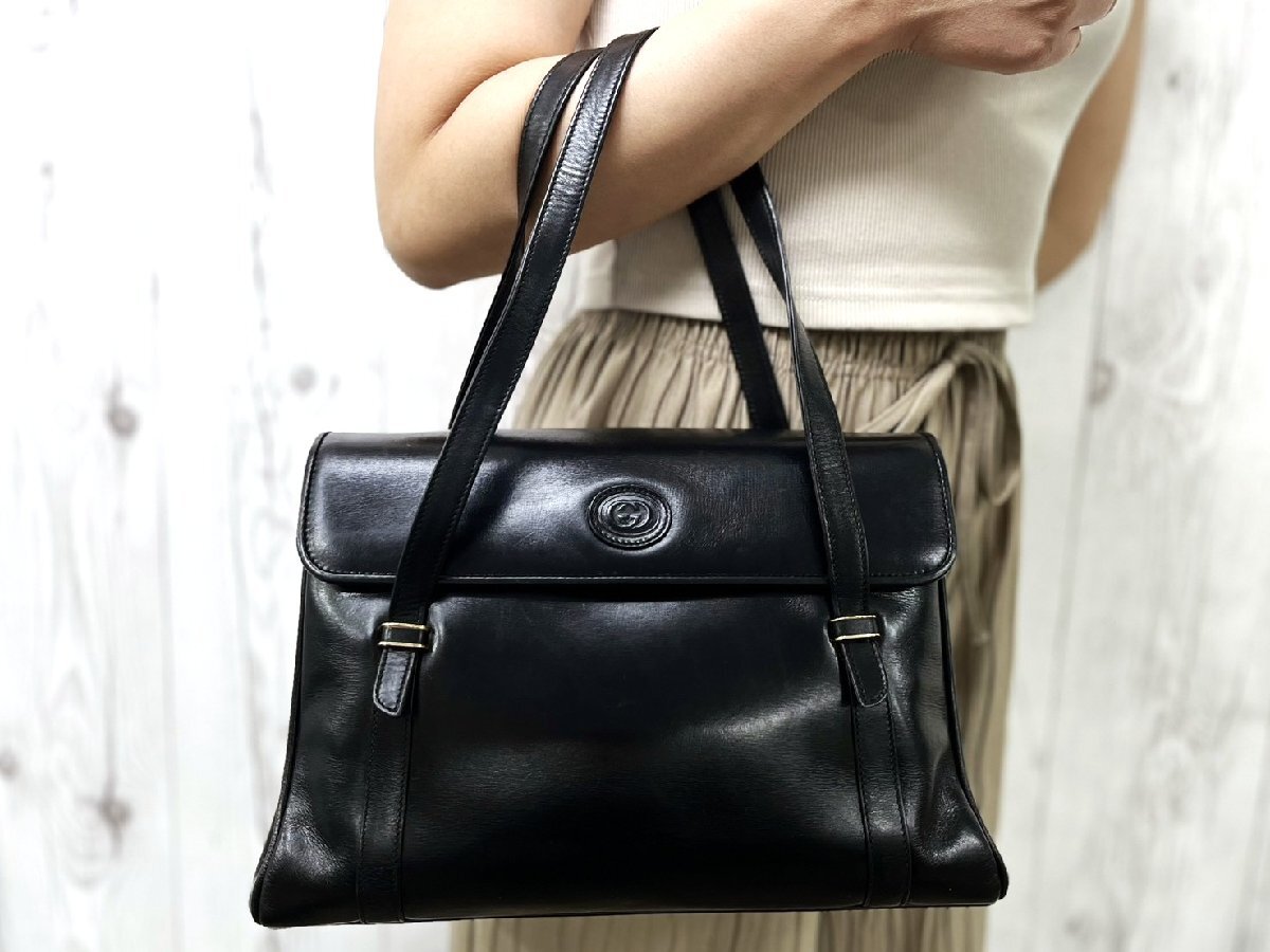 美品 GUCCI グッチ オールドグッチ ヴィンテージ インターロッキング ハンドバッグ バッグ レザー 黒 100450Y
