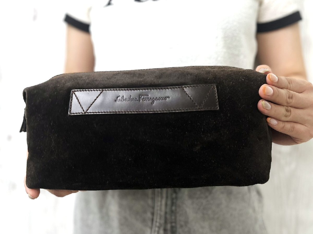美品 Ferragamo フェラガモ クラッチバッグ ポーチ バッグ スエード×レザー 茶 100427Y