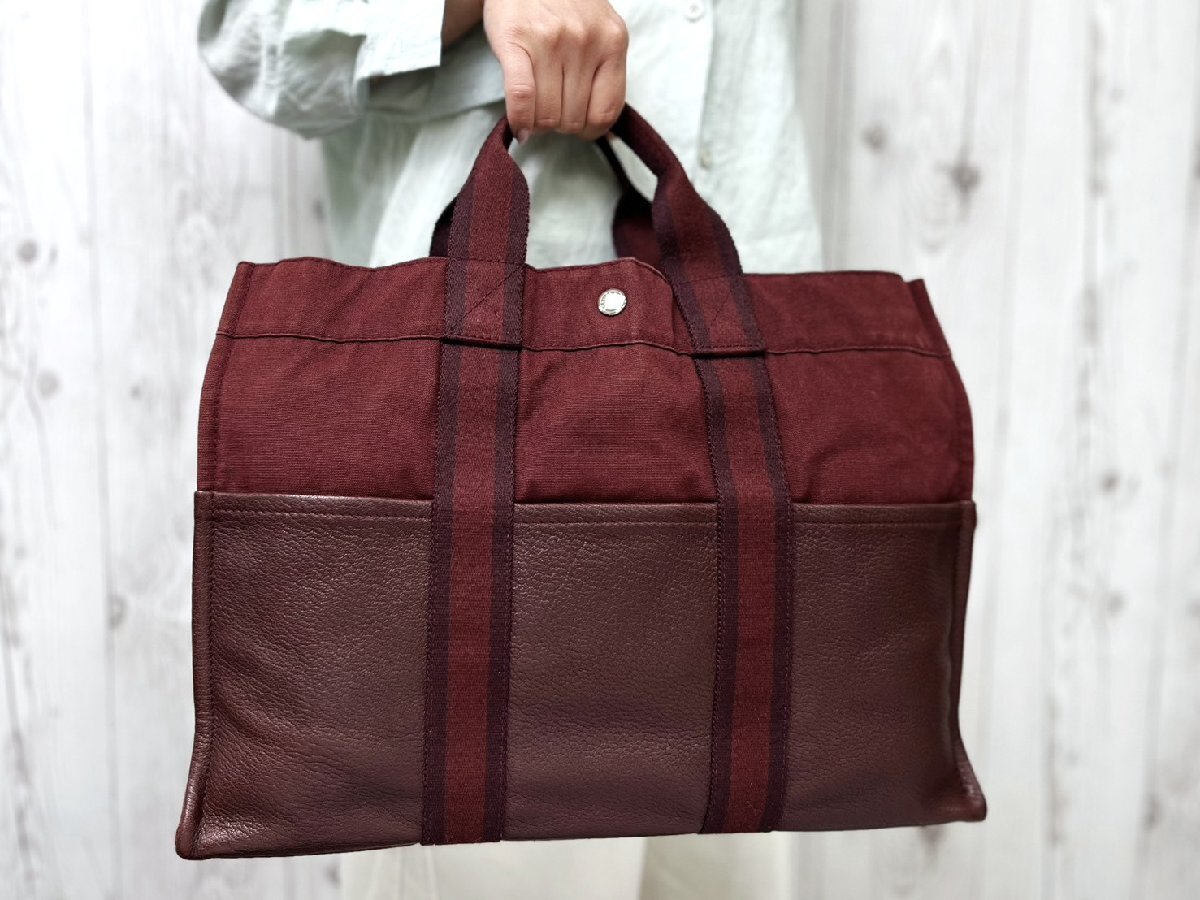 極美品 HERMES エルメス フールトゥMM ハーフレザー トートバッグ ハンドバッグ バッグ キャンバス×レザー ボルドー A4可 メンズ 100152Y