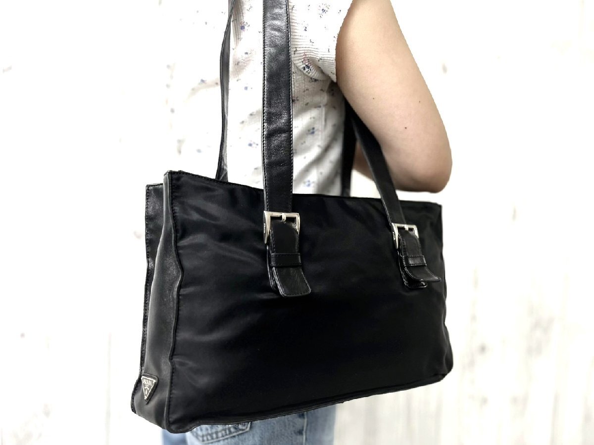 極美品 PRADA プラダ テスート ショルダーバッグ ハンドバッグ バッグ ナイロン×レザー 黒 100343
