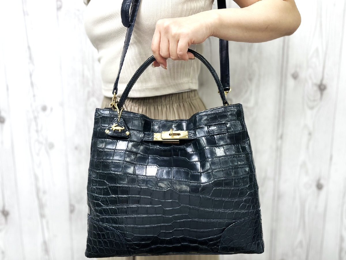 極美品 マット クロコダイル ハンドバッグ ショルダーバッグ バッグ 紺 2WAY 100376