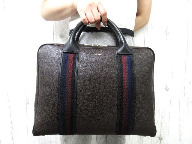 極美品 Paul Smith ポールスミス ビジネスバッグ ハンドバッグ バッグ レザー×キャンバス 茶×黒 A4収納可 メンズ 100434Y