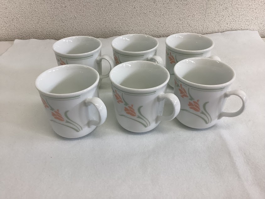 【u01508】コーニング CORNING マグカップ 6客セット チューリップ柄 サーモンピンク 電子レンジ可 ヴィンテージ 洋食器 コレクション