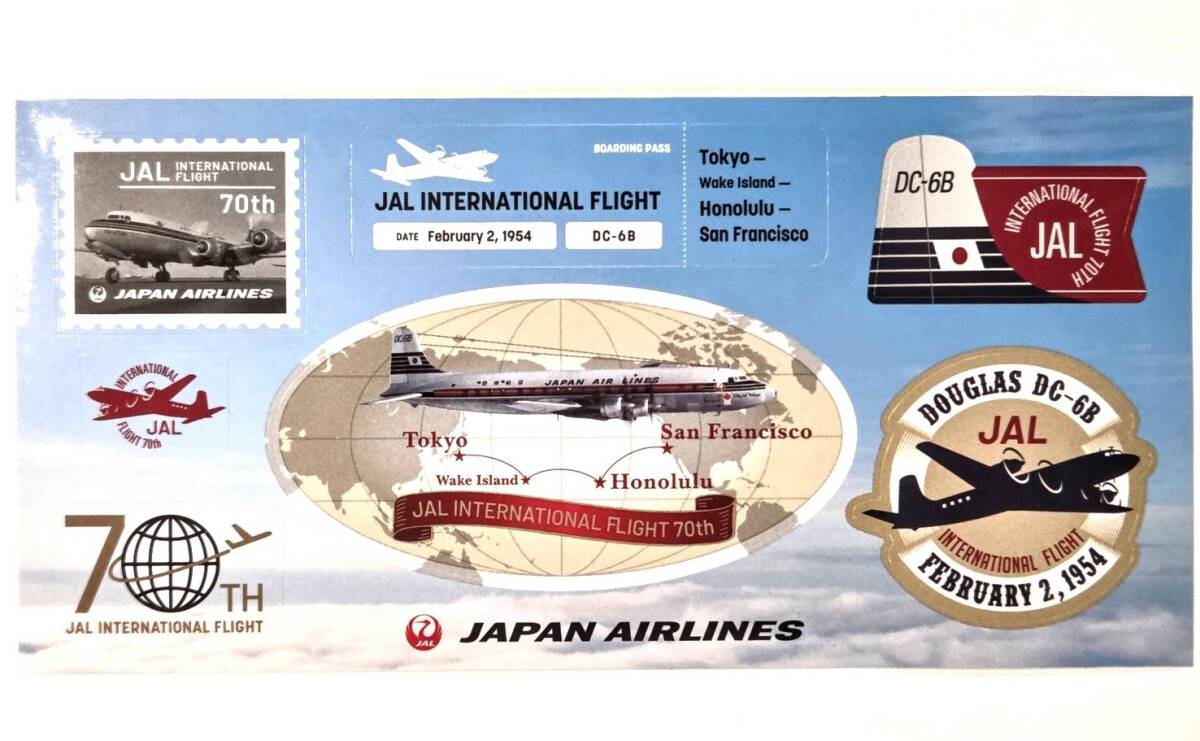 JAL 70周年記念 ステッカー、国際線就航第1号機 DC-6B 東京−ホノルル−サンフランシスコ ステッカー 70th 