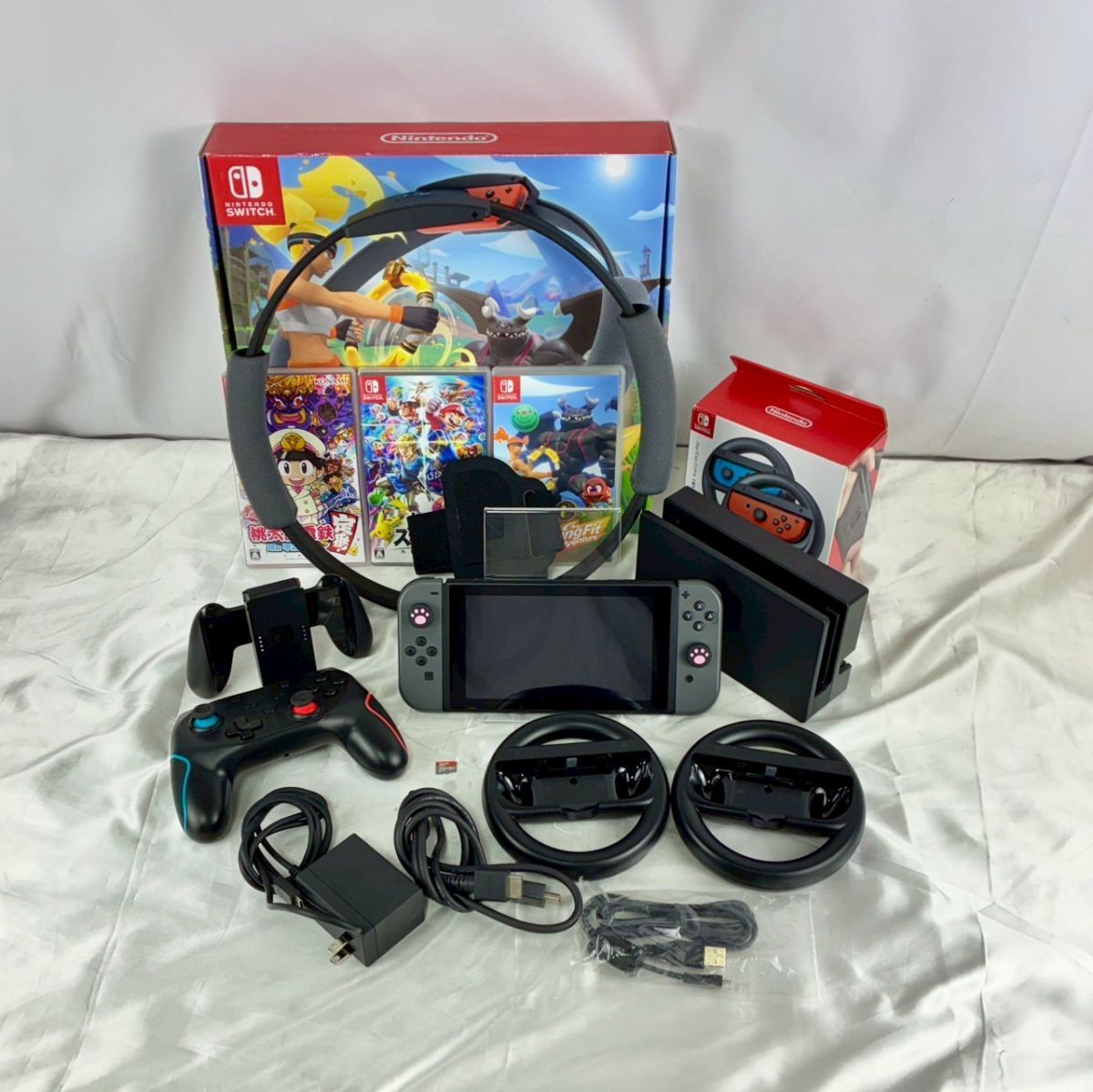 1円～⑤【動作確認済】Nintendo Switch グレー HAC-001(-01) 本体 ＋ 周辺機器 計4点 セット ハンドル リングフィット プロコン 他 #③32