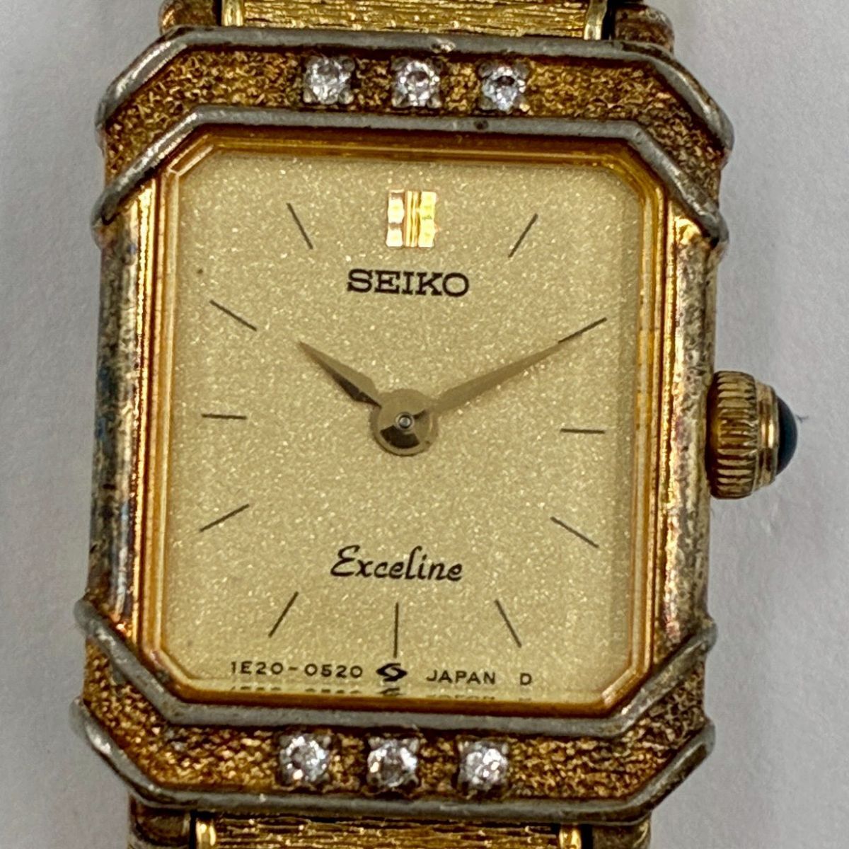 1円〜②【送料230円】SEIKO セイコー Exceline 1E20-5250 エクセリーヌ クォーツ ゴールド文字盤 6Pクリアストーン ヴィンテージ ＃③50