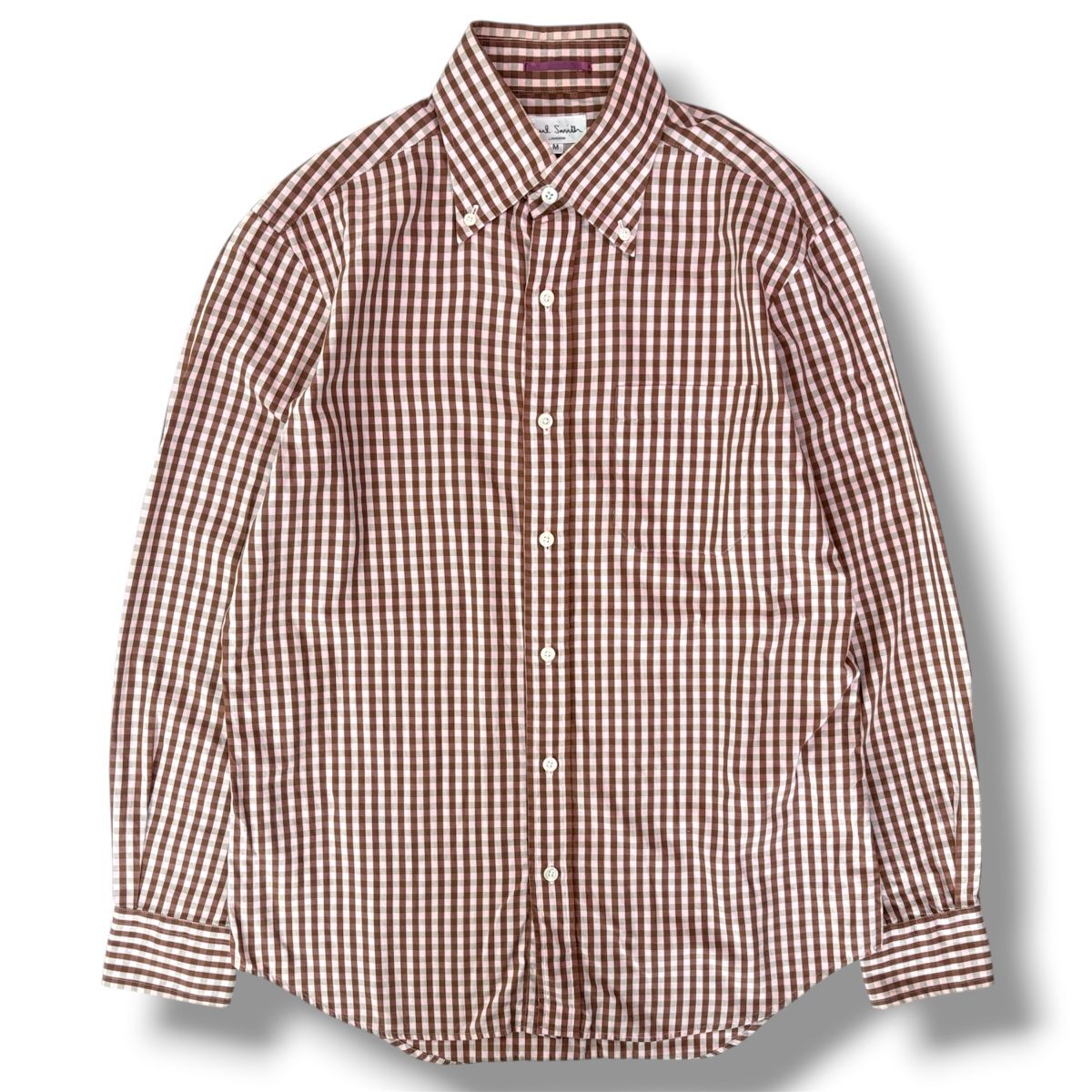 国内正規品★ 日本製 Paul Smith LONDON ポールスミス メンズ ギンガムチェック柄 長袖ボタンダウンシャツ 茶色 Mサイズ トップス 古着
