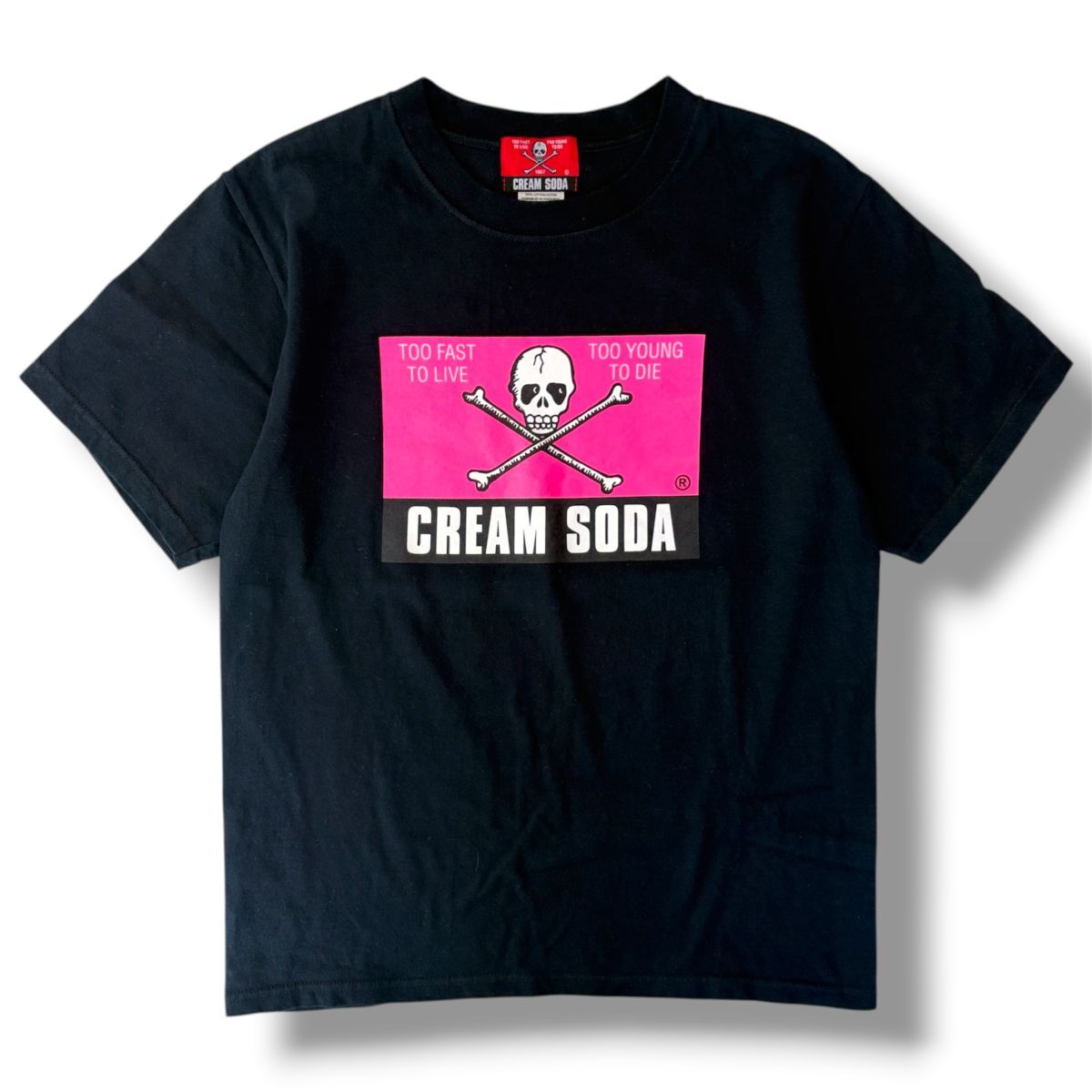 CREAM SODA クリームソーダ TOO FAST TO LIVE TOO YOUNG TO DIE 半袖 Tシャツ スカル 髑髏 黒/ピンク Sサイズ ロカビリー ロック 古着
