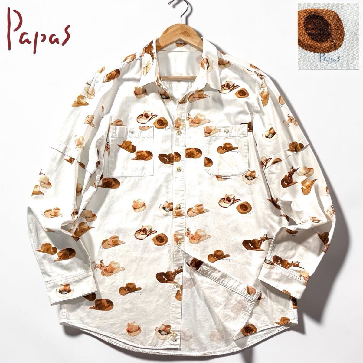 極美品/XLサイズ相当●最高級 Papas パパス 長袖シャツ 春夏 コットン 羽織り 総柄 ウエスタン カウボーイ ハット 胸元ロゴタグ 日本製
