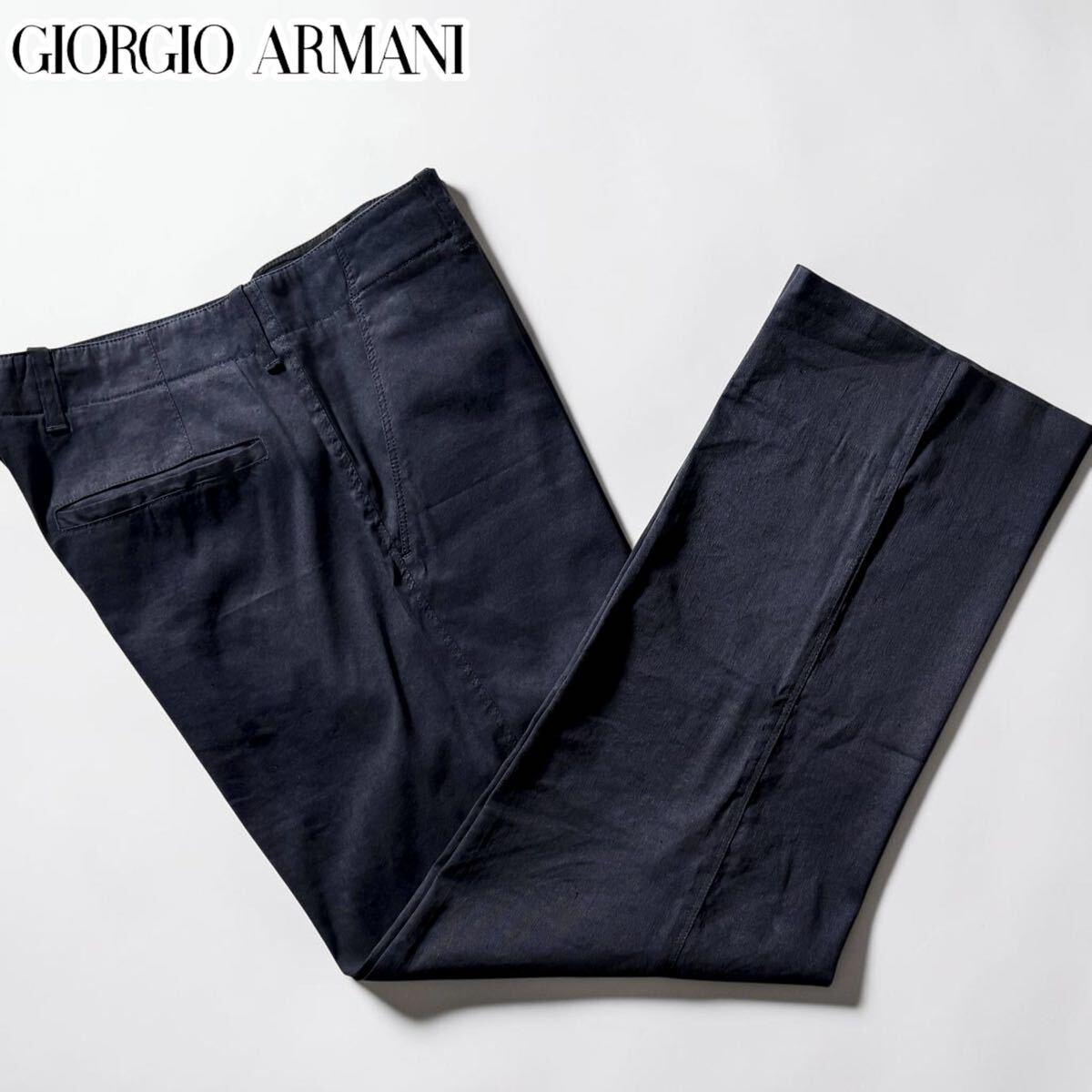 美品/Lサイズ●最高級 GIORGIO ARMANI ジョルジオ アルマーニ リネン混 ストレッチ◎ サマー パンツ スラックス 薄手 革タグ ネイビー 48