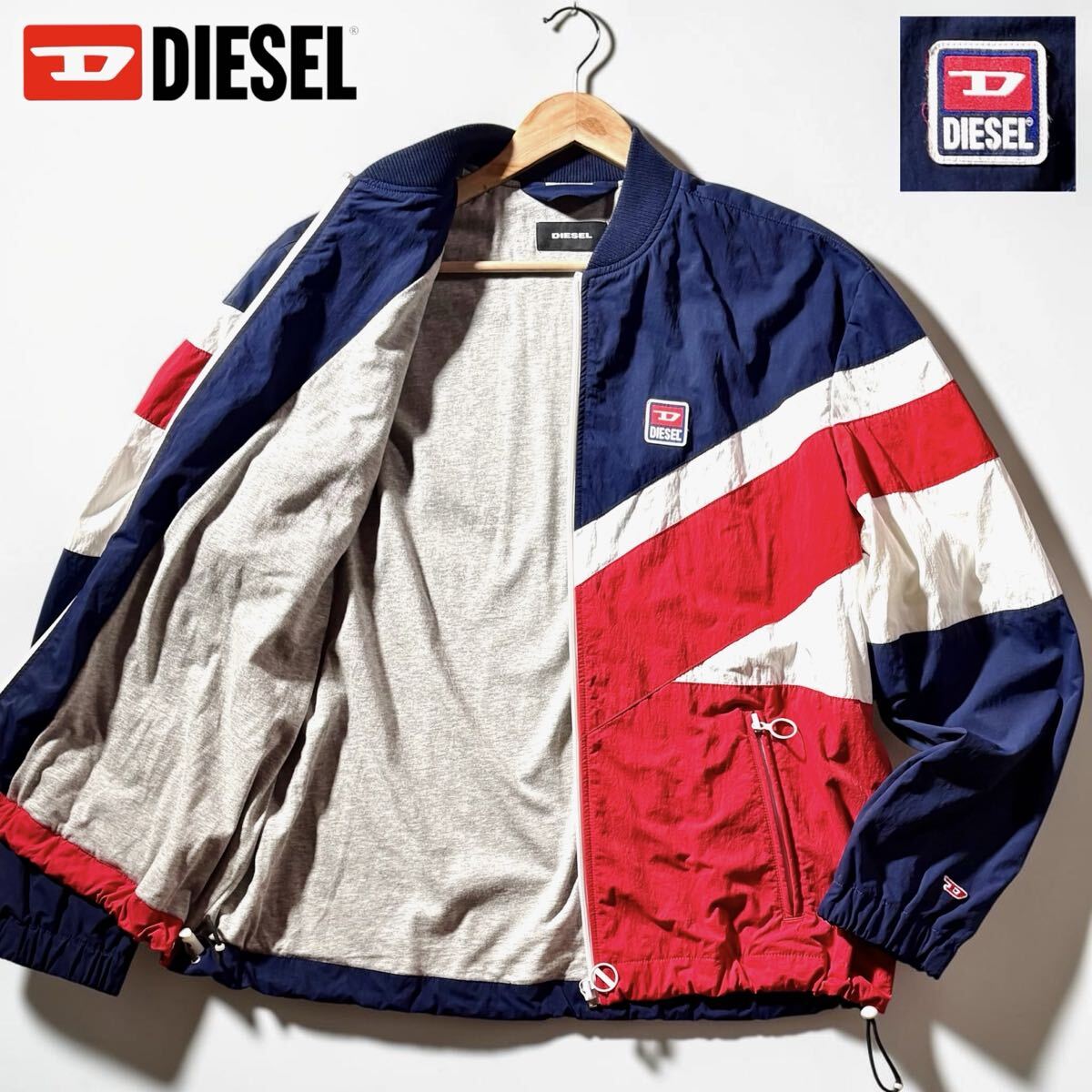極美品/XLサイズ相当●DIESEL ディーゼル ナイロンジャケット スタジャン ライダース 胸元ロゴワッペン 袖Dロゴ ロゴジップ トリコロール