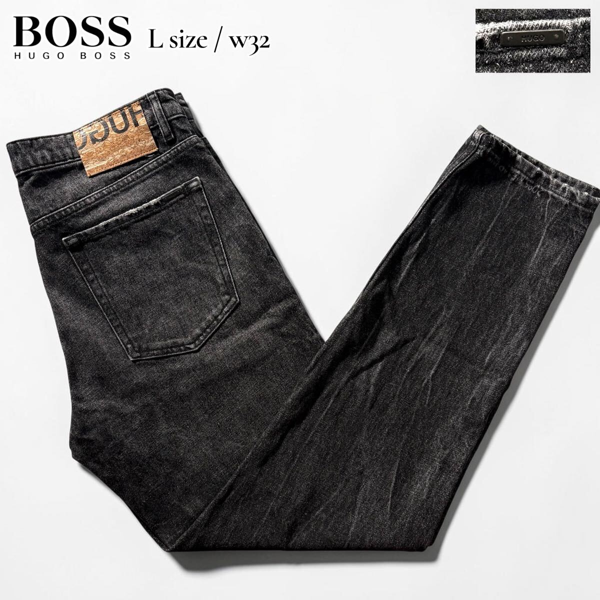 極美品/Lサイズ●HUGO BOSS ヒューゴボス デニム ジーンズ Gパンツ パンツ ブラック 黒 ダメージ加工 ロゴ金具 ロゴパッチ 洗濯可◎ w32