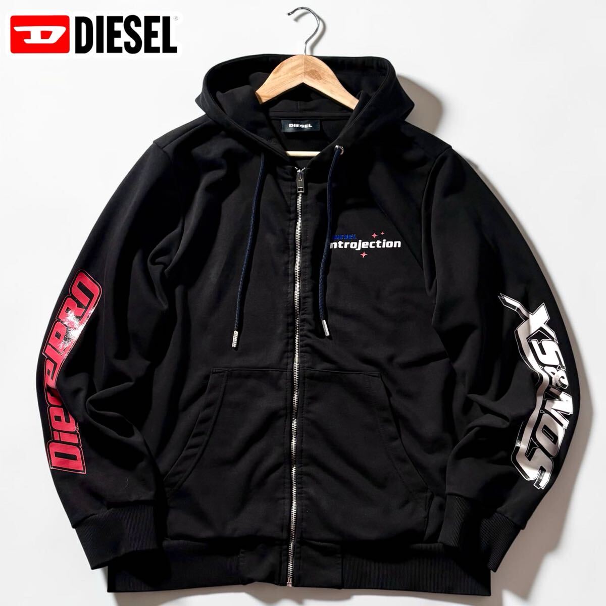 極美品/Lサイズ●DIESEL ディーゼル ジップ パーカー フード ジャケット 羽織り ストレッチ 胸元ロゴ 両袖デザイン 黒 ブラック 洗濯可能◎