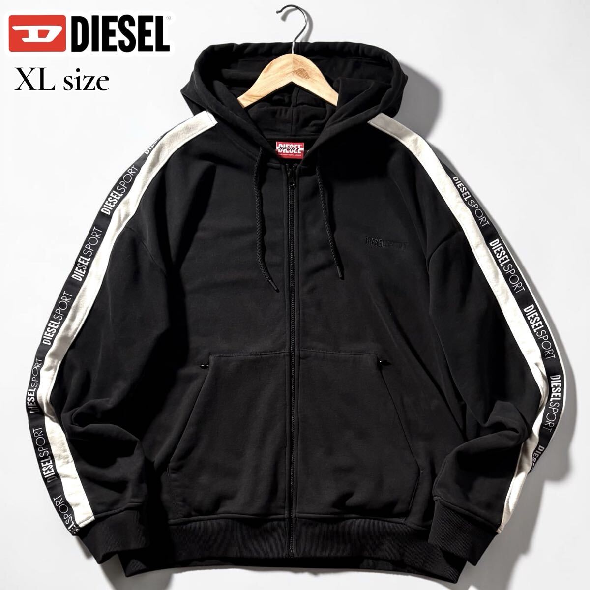 極美品/XLサイズ●現行赤タグ DIESEL ディーゼル ジップ フード パーカー ジャケット ストレッチ コットン 袖ロゴライン 胸元ロゴ 洗濯可◎