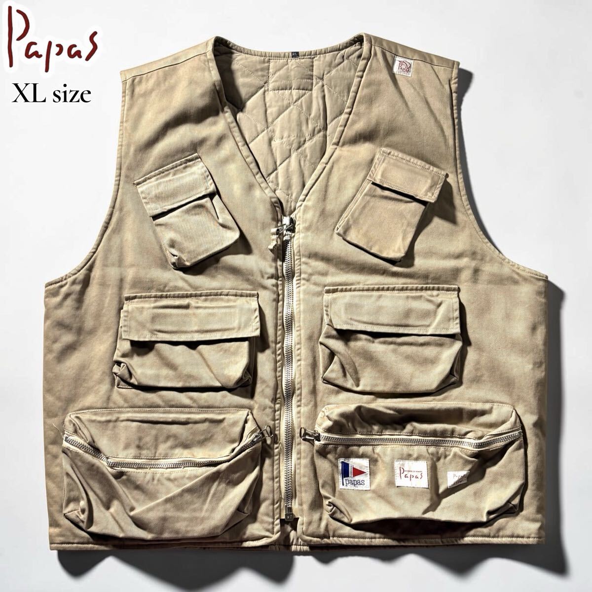 極美品/XLサイズ●Papas パパス フィッシングベスト ジャケット ポケット カーゴ 多機能 ロゴワッペン ベーシック系 イタリア製 ゆったり