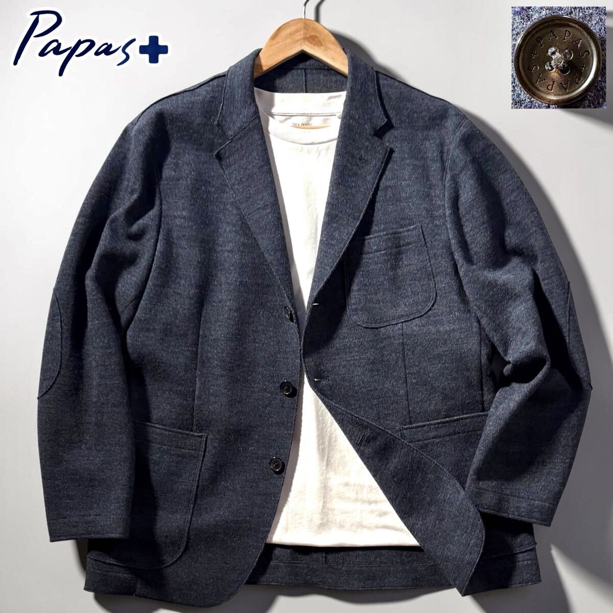 極美品/XLサイズ相当●最高級 Papas plus + パパス プラス アンコン テーラードジャケット ストレッチ 霜降り風 ボタンロゴ刻印 裏チェック