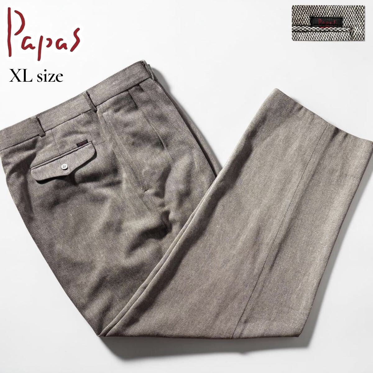 極美品/XLサイズ●最高級 Papas パパス リネン混 サマーツイード風 パンツ スラックス 背面ロゴタグ ゆったり グレー系 日本製