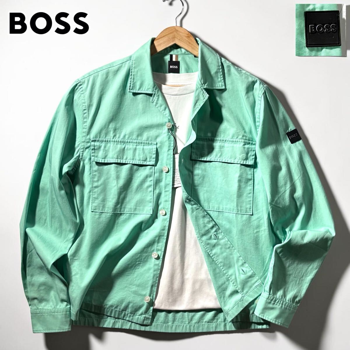 極美品/Lサイズ相当●現行タグ HUGO BOSS ヒューゴボス サマー シャツジャケット 薄手 春夏素材 肩ロゴワッペン ロゴタグ ミントグリーン