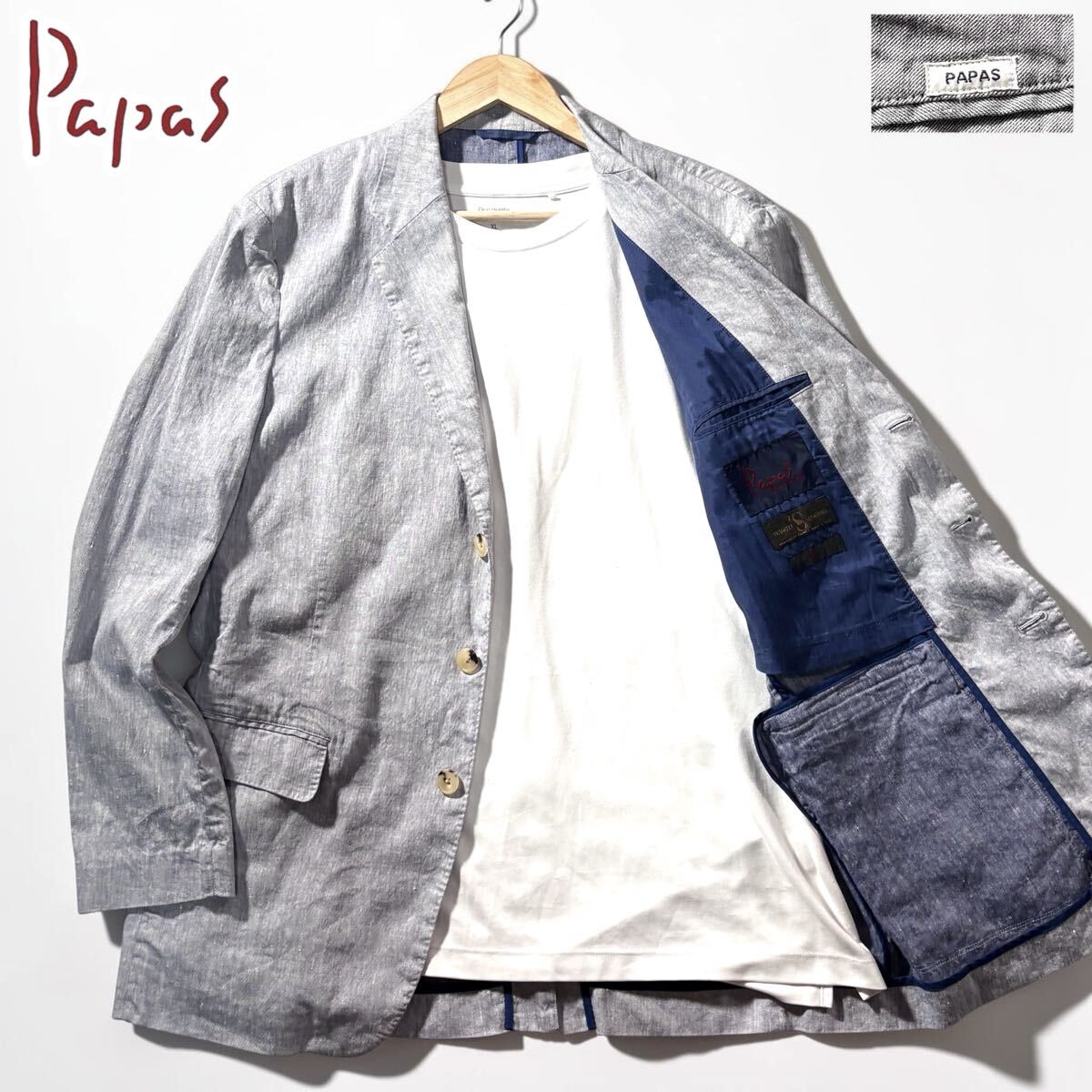 美品/XLサイズ相当●最高級 Papas パパス リネン混 ストレッチ サマー テーラードジャケット アンコン イタリア生地仕様 ロゴタグ 霜降り