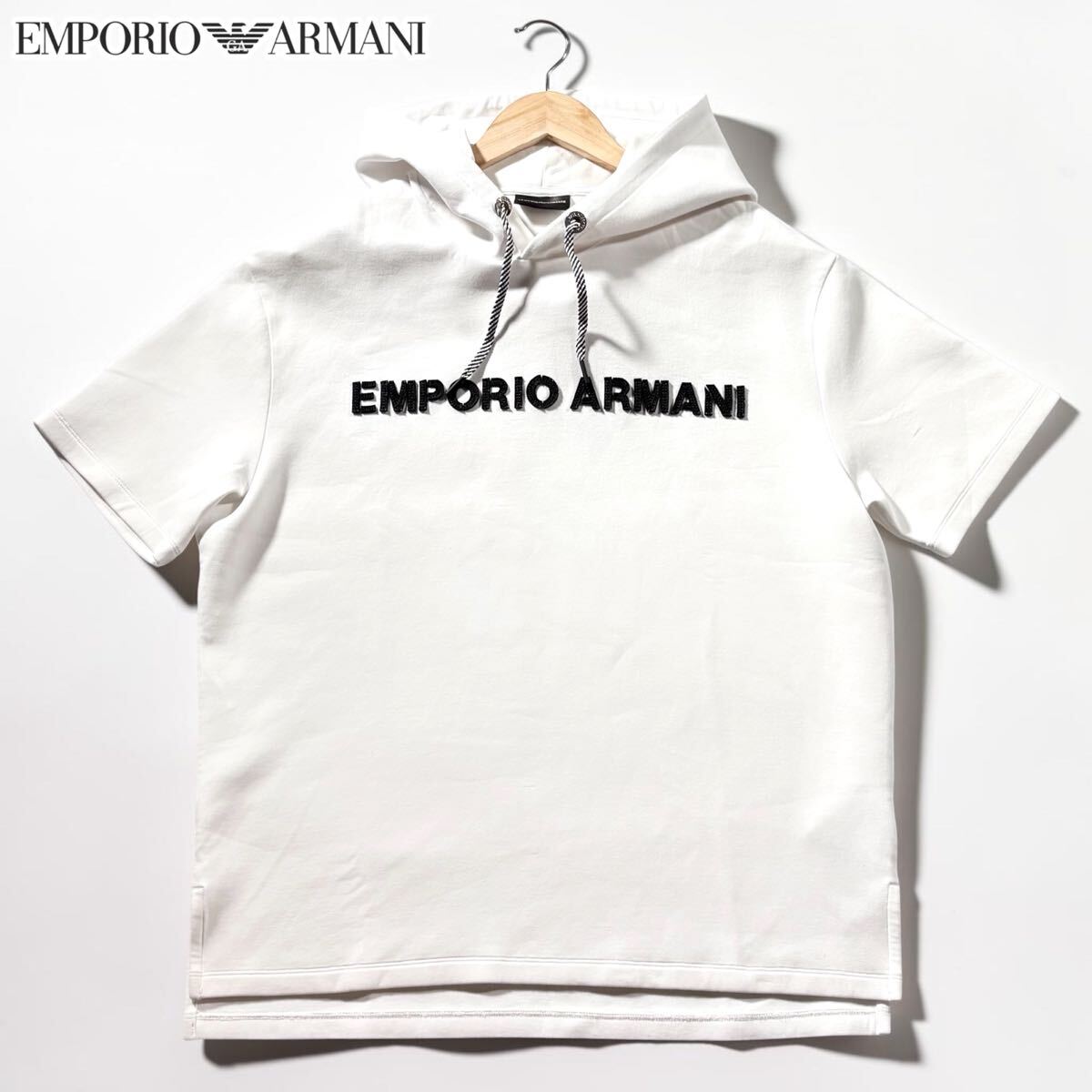 極美品/XLサイズ相当●EMPORIO ARMANI エンポリオ アルマーニ 半袖 パーカー スエット ストレッチ 春夏 Tシャツ フード 3D 立体ロゴ 白
