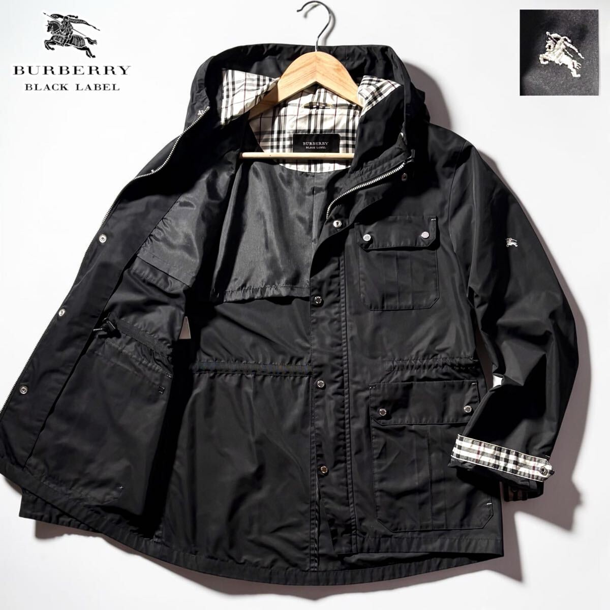 極美品/人気モデル●BURBERRY BLACK LABEL バーバリーブラックレーベル ナイロン パーカー ジャケット 薄手 肩ホースロゴ ノバチェック