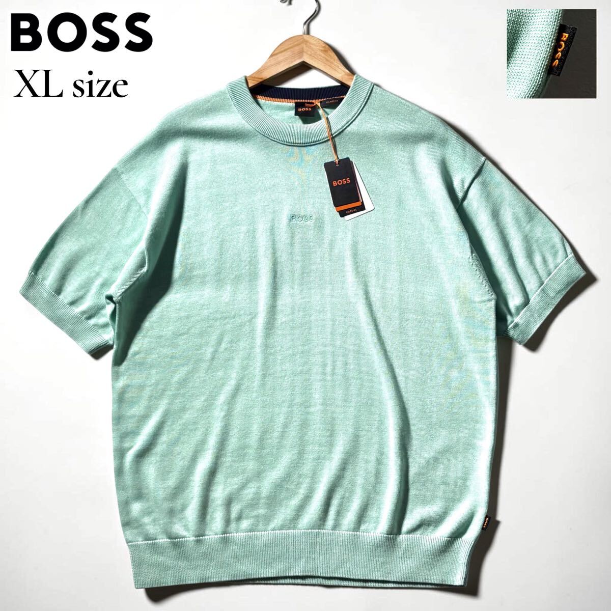 新品タグ付き/XLサイズ●現行タグ HUGO BOSS ヒューゴボス 半袖 サマーニット Tシャツ 夏物 コットン ストレッチ 胸元ロゴ ロゴタグ ミント