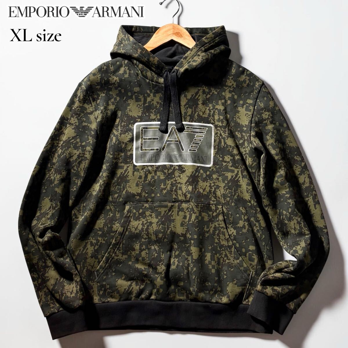 極美品/XLサイズ●EMPORIO ARMANI エンポリオ アルマーニ パーカー トレーナー スエット イーグルロゴ 総柄 迷彩 カモフラ風 幾何学模様