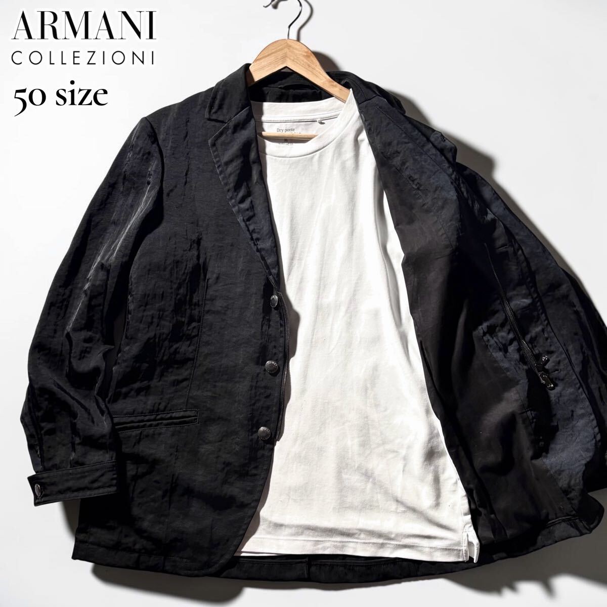 美品/Lサイズ●ARMANI COLLEZIONI アルマーニ コレツィオーニ ナイロン 春夏 アンコン テーラードジャケット ブレザー風 銀ボタン 黒 50
