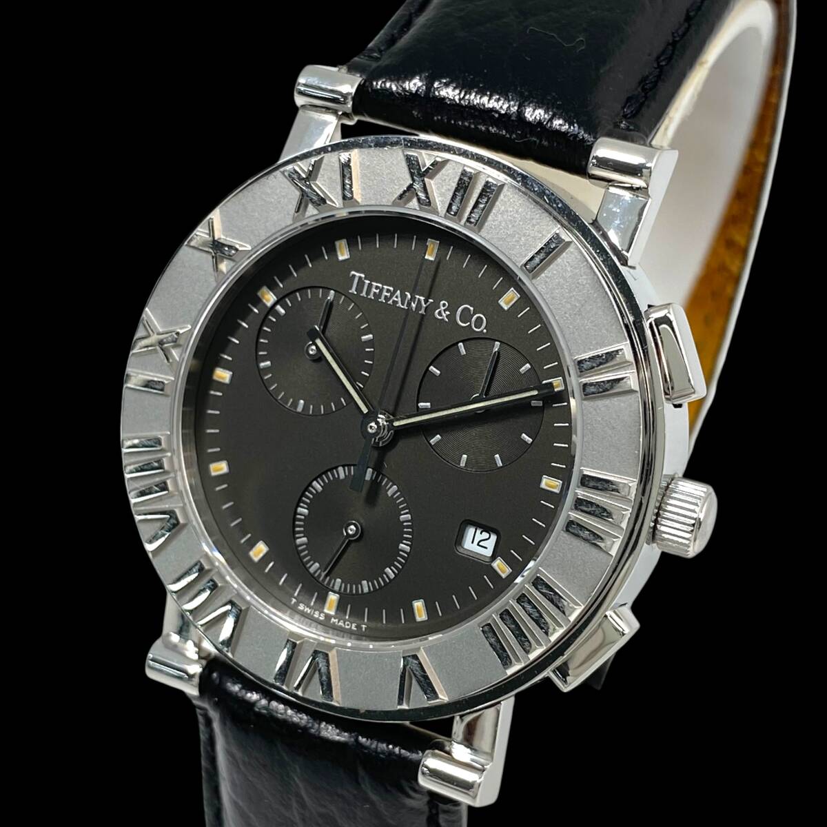 2604T059 TIFFANY&Co. ティファニー Atlas アトラス メンズ腕時計 動作品 クォーツ クロノグラフ デイト スモセコ 黒文字盤 SS