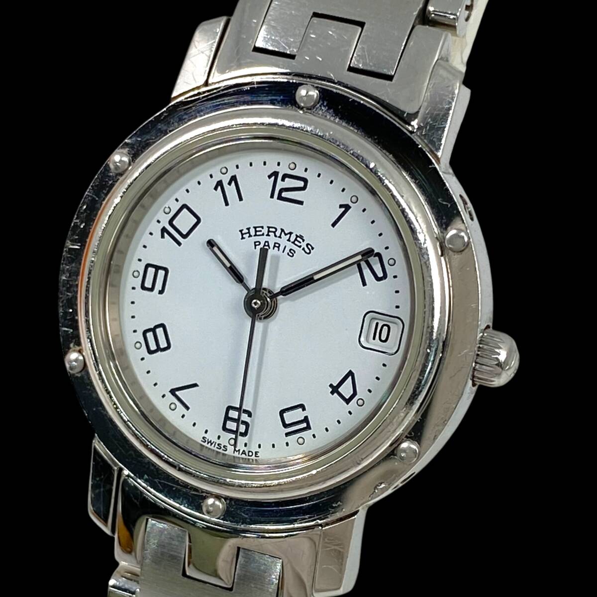 2604T096 HERMES エルメス CL4.210 クリッパー レディース腕時計 動作品 クォーツ 3針 デイト ラウンド シルバーカラー 白文字盤