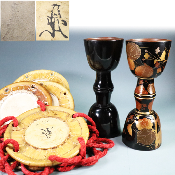 ◇雅◇ 在銘 小鼓 蒔絵 6点纏めて 鉋目 鼓胴 和楽器 打楽器 能楽 神楽 狂言 雅楽 /HK.26.3 [H181] PT
