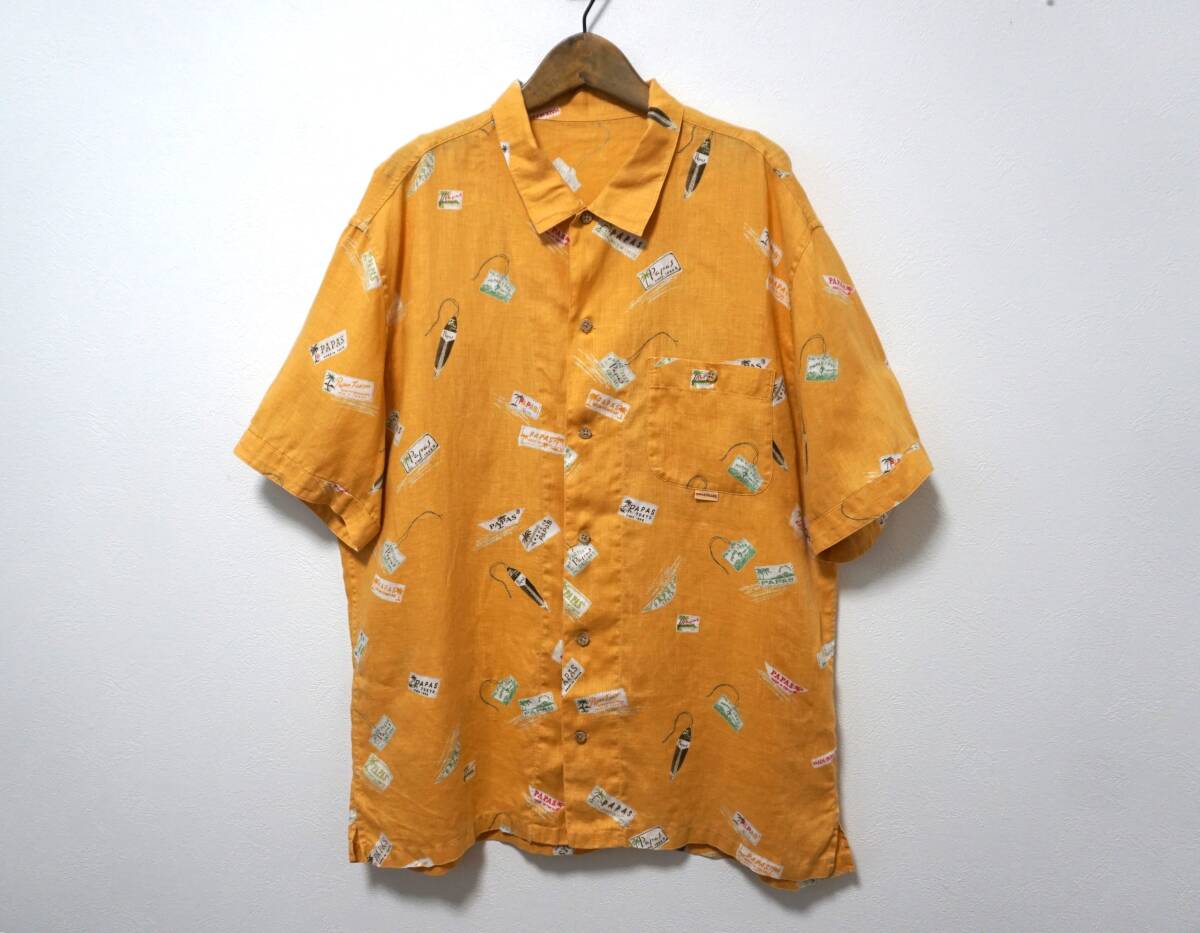 PAPAS パパス ココナッツ釦が◎ リネンサーフプリント半袖シャツ 50 L 日本製