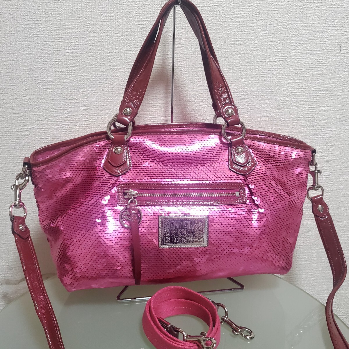 COACH コーチ POPPY ポピー 2way ハンドバッグ ショルダーバッグ スパンコール ピンク ショルダー 2本 斜め掛け
