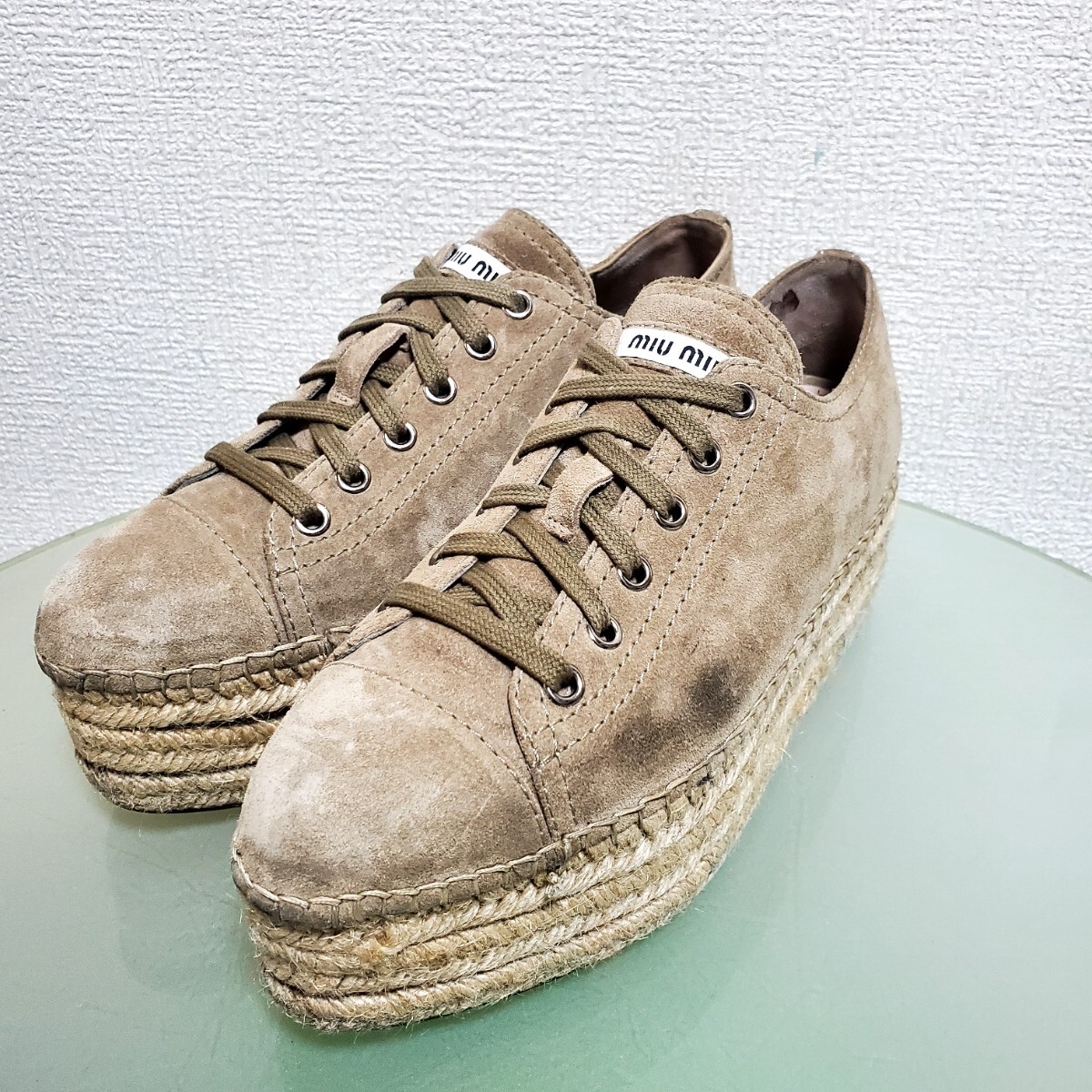 MIUMIU ミュウミュウ スニーカー エスパドリーユ 厚底 37 約24㎝ カーキ ブラウン イタリア製 激カワ