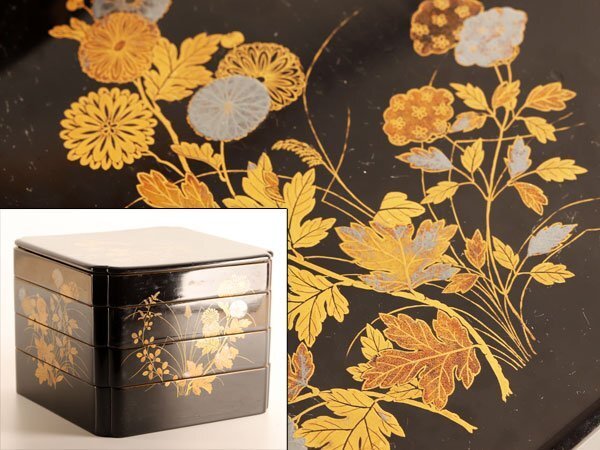 【琴》送料無料 能登輪島塗 菊蒔絵四段重箱 共箱 LD095