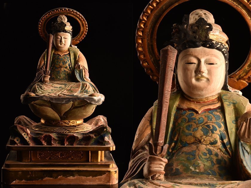 【琴》送料無料 仏教美術 時代 彩色木彫 玉眼入仏像 高43cm WP470